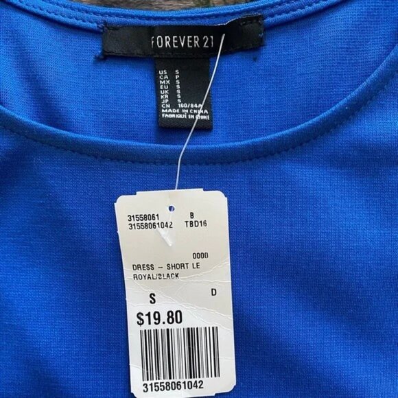 NWT Forever 21 Royal Blue Sleeveless Mini Dress -Black Net Insert at Waist Sz S - Picture 4 of 6